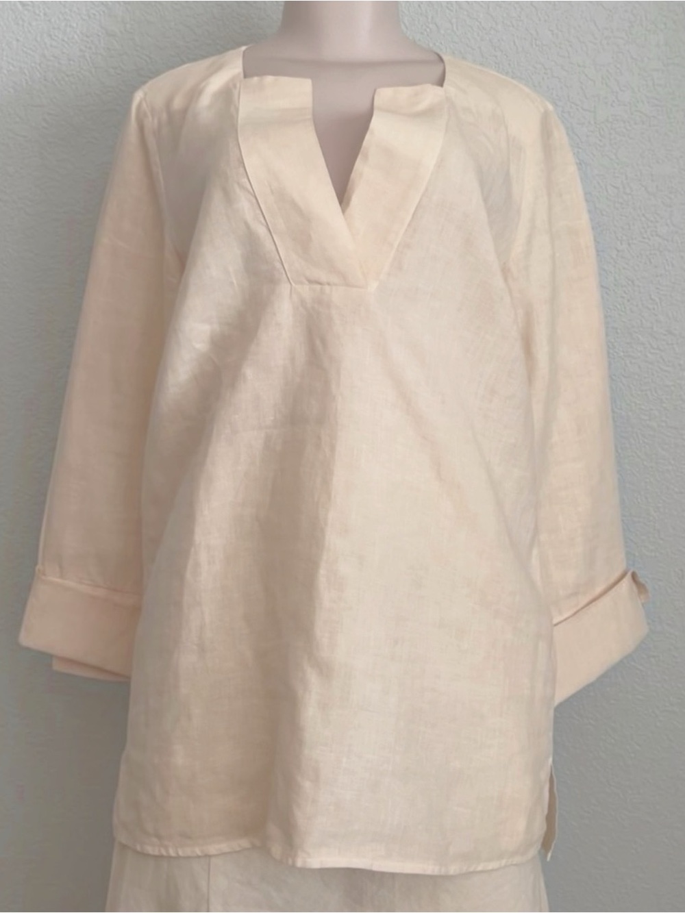 120% Lino Italy Cream 100% Linen Split V-Neck Tunic Blouse Top IT 44 US 8